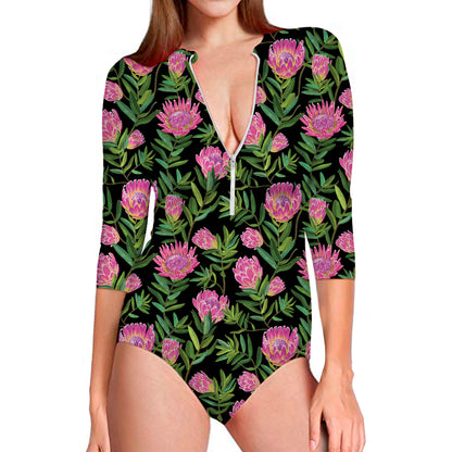 Protea Floral Pattern Print Long Sleeve Swimsuit