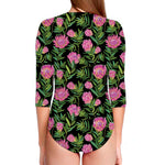 Protea Floral Pattern Print Long Sleeve Swimsuit