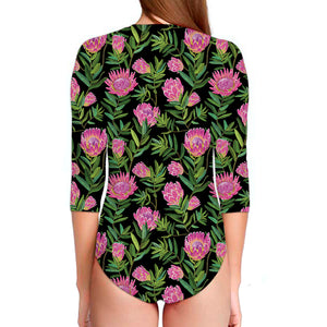 Protea Floral Pattern Print Long Sleeve Swimsuit