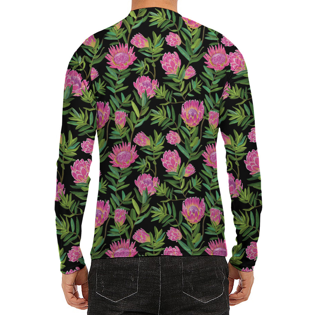 Protea Floral Pattern Print Men's Long Sleeve Rash Guard