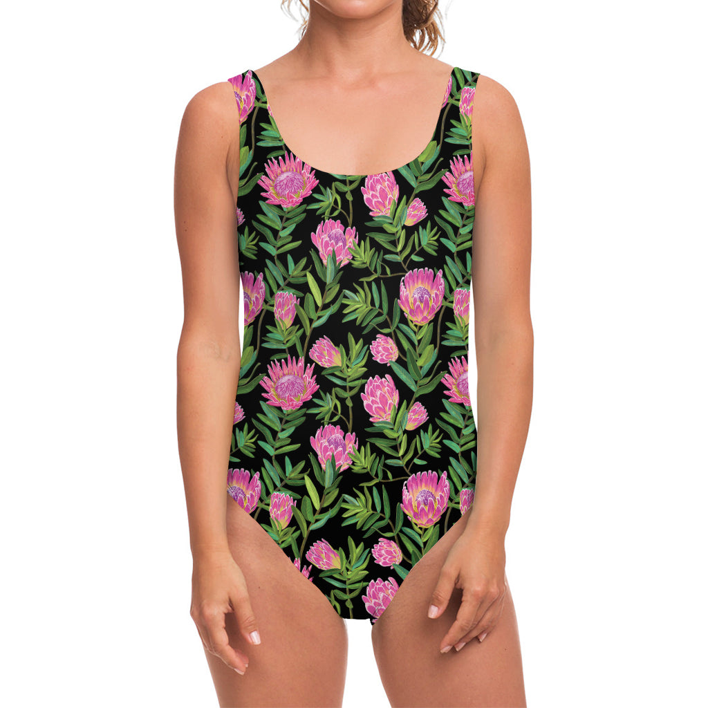 Protea Floral Pattern Print One Piece Swimsuit