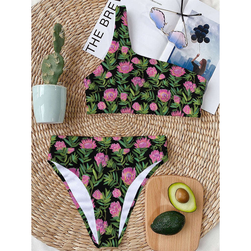 Protea Floral Pattern Print One Shoulder Bikini Top