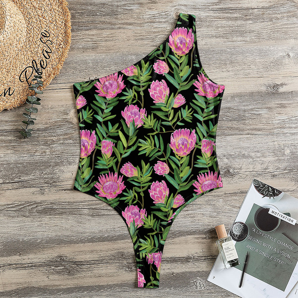 Protea Floral Pattern Print One Shoulder Bodysuit