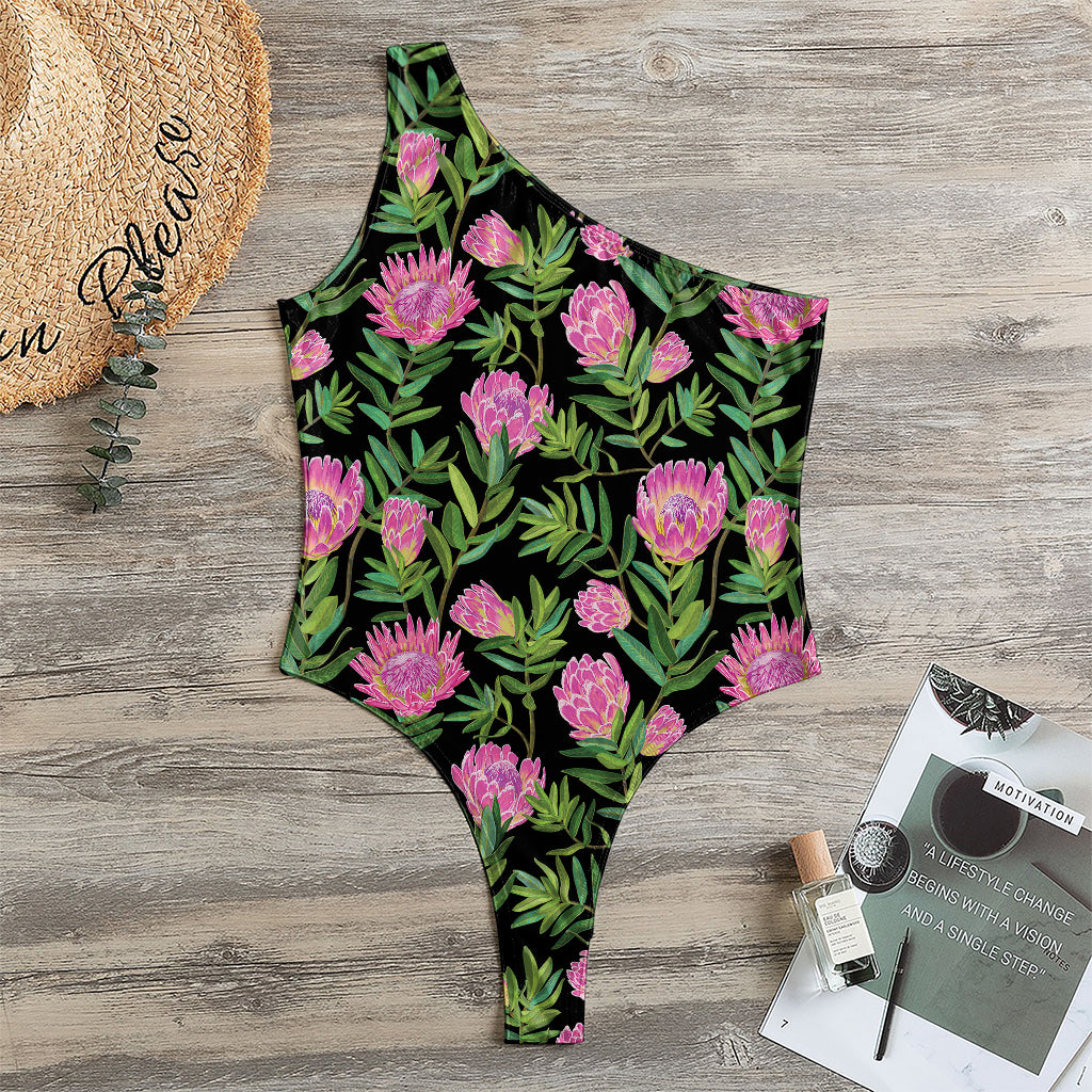 Protea Floral Pattern Print One Shoulder Bodysuit