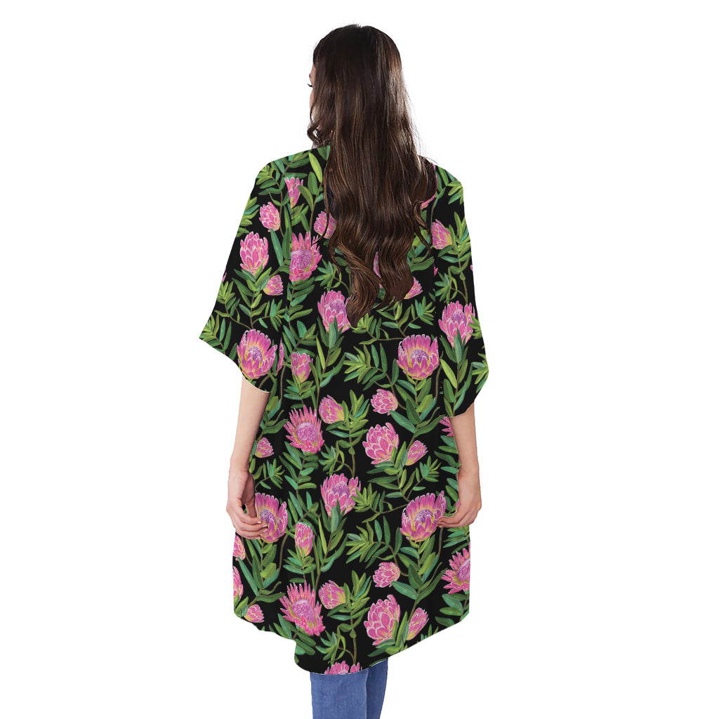 Protea Floral Pattern Print Open Front Beach Cover Up