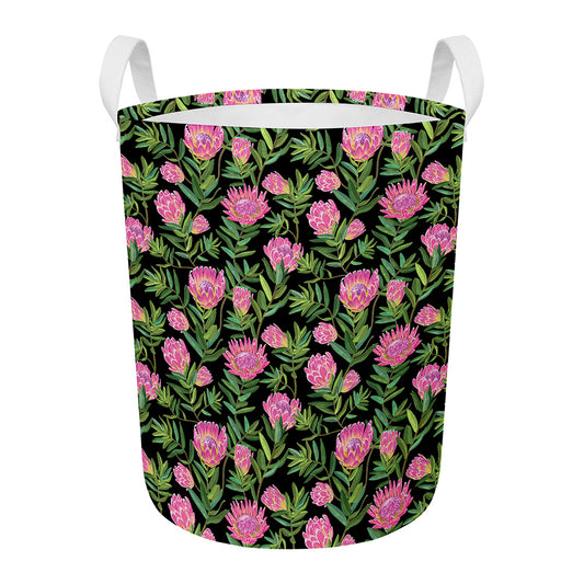Protea Floral Pattern Print Round Laundry Basket