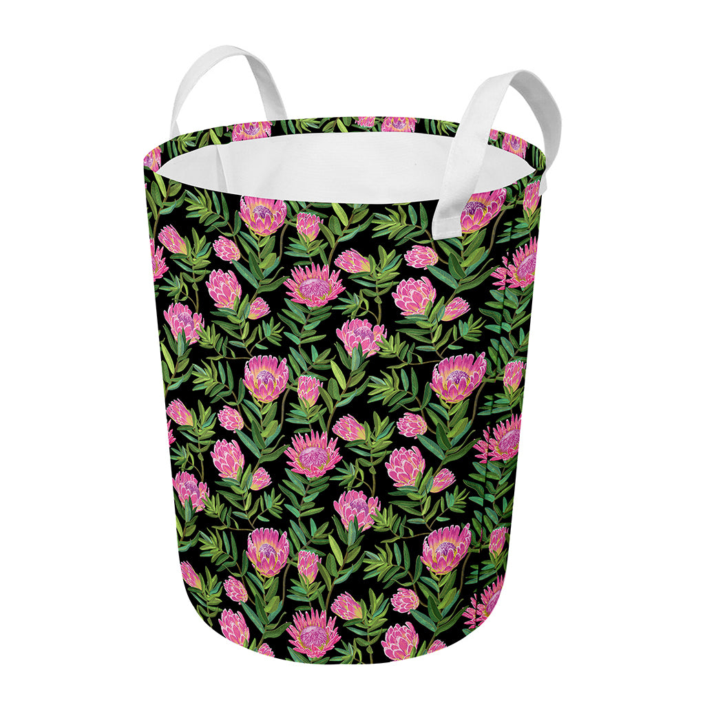 Protea Floral Pattern Print Round Laundry Basket