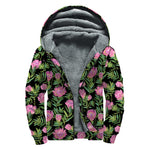 Protea Floral Pattern Print Sherpa Lined Zip Up Hoodie