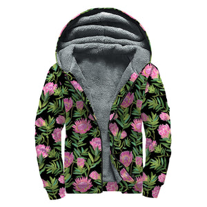 Protea Floral Pattern Print Sherpa Lined Zip Up Hoodie