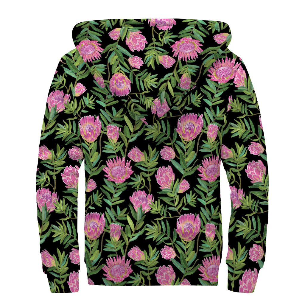 Protea Floral Pattern Print Sherpa Lined Zip Up Hoodie
