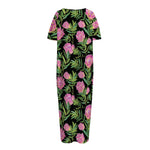 Protea Floral Pattern Print Short Sleeve Long Nightdress