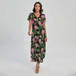 Protea Floral Pattern Print Short Sleeve Maxi Dress