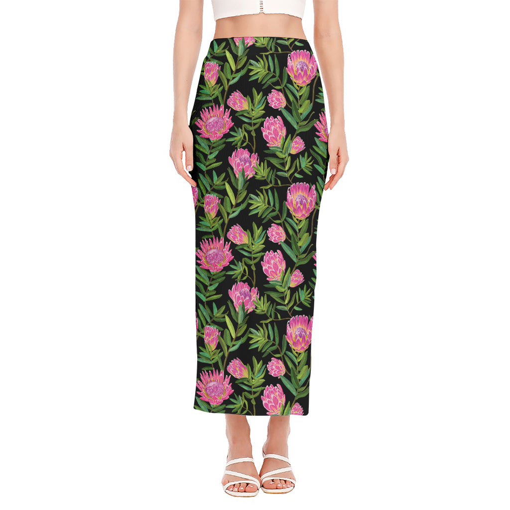 Protea Floral Pattern Print Side Slit Maxi Skirt