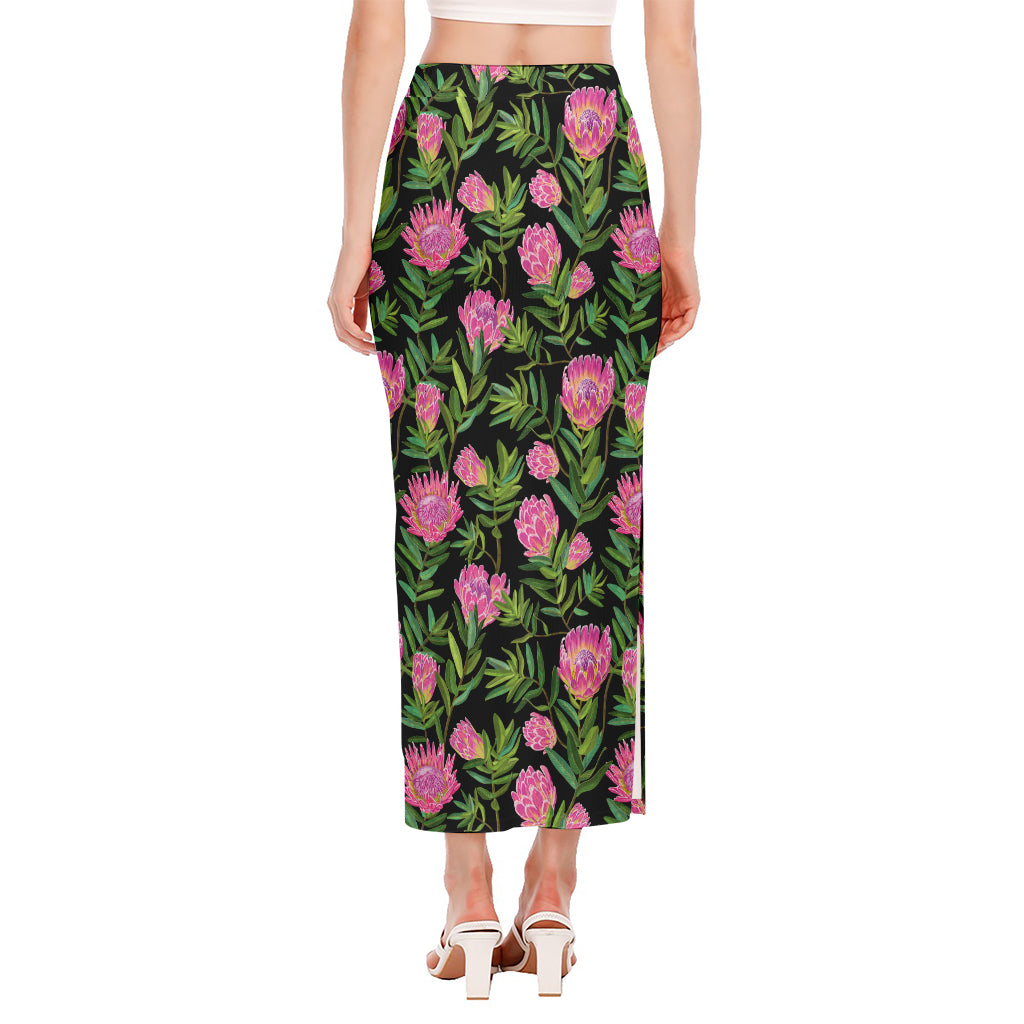 Protea Floral Pattern Print Side Slit Maxi Skirt