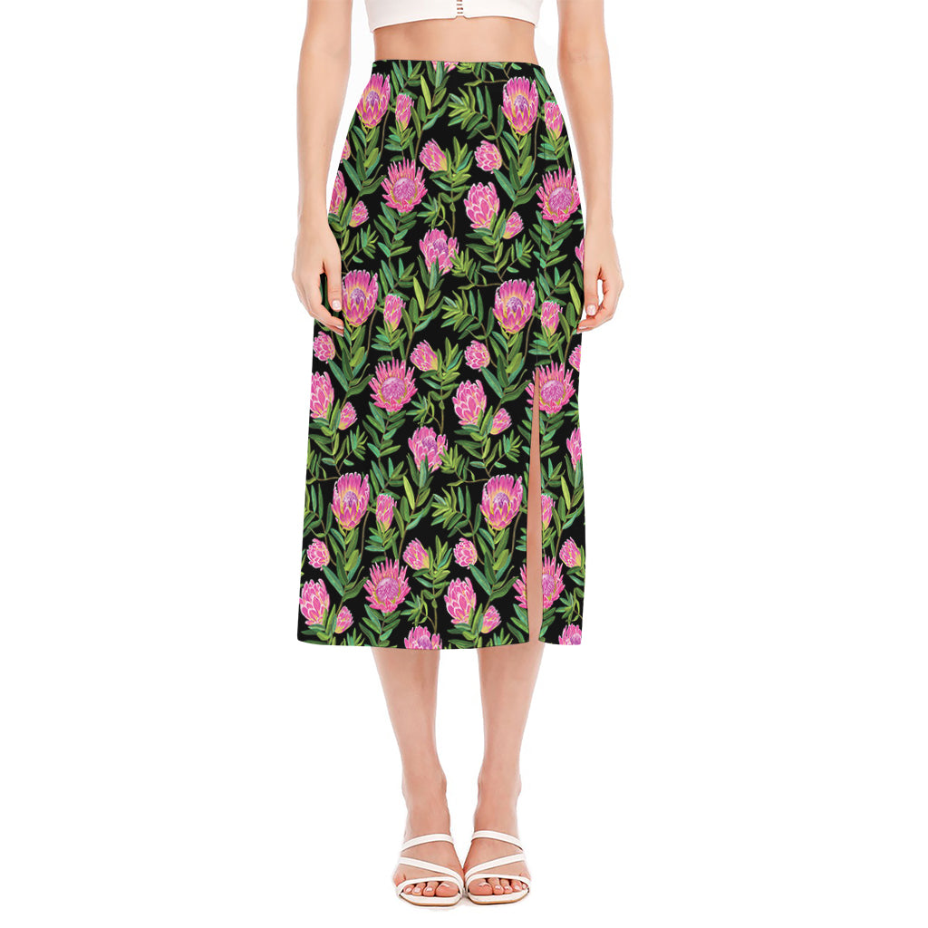 Protea Floral Pattern Print Side Slit Midi Skirt