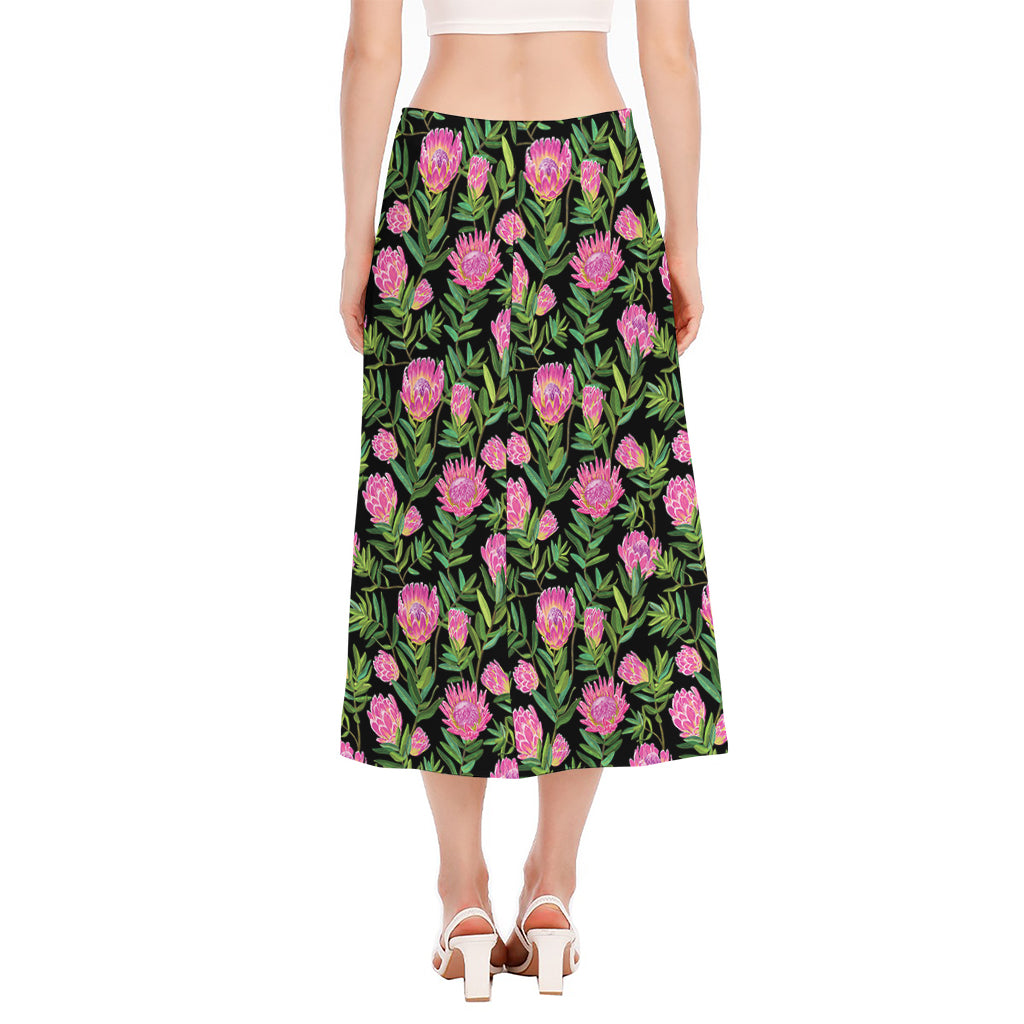 Protea Floral Pattern Print Side Slit Midi Skirt