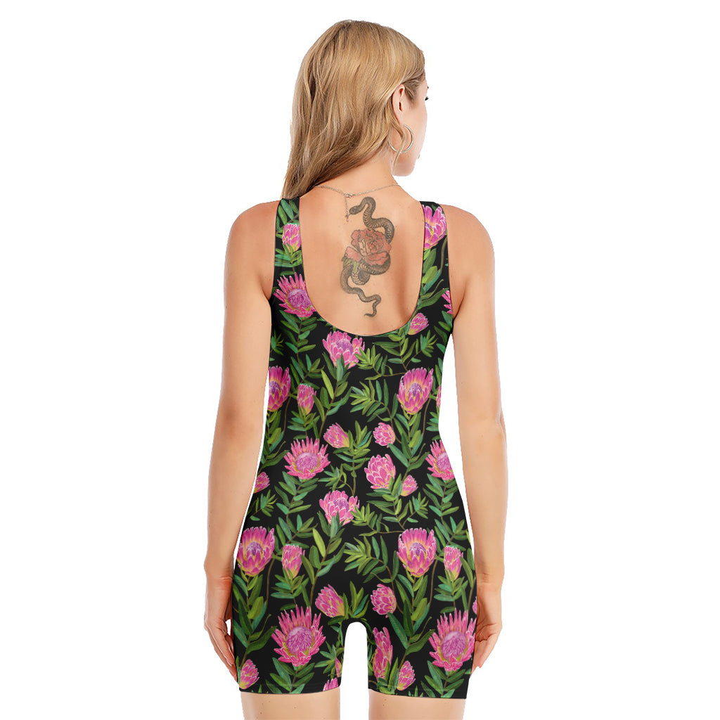 Protea Floral Pattern Print Sleeveless One Piece Swimsuit