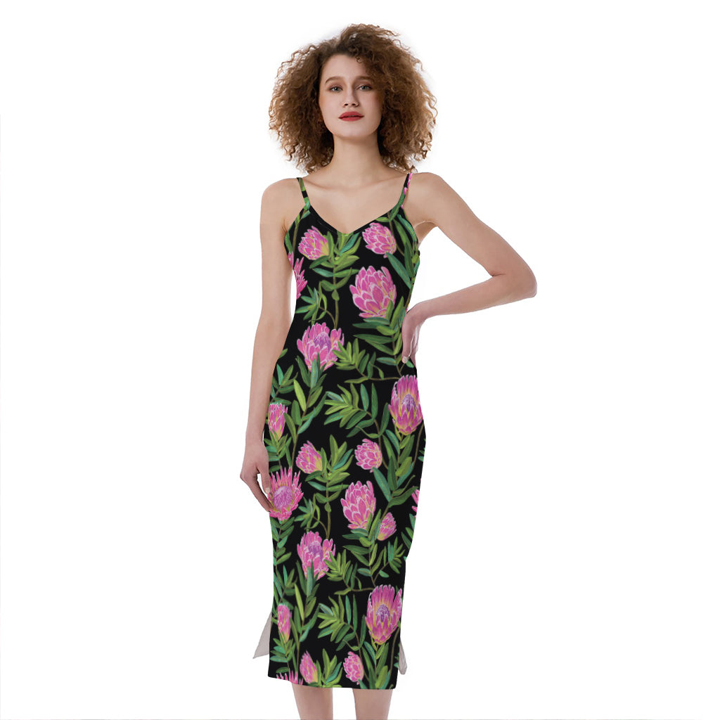 Protea Floral Pattern Print Slim Fit Midi Cami Dress