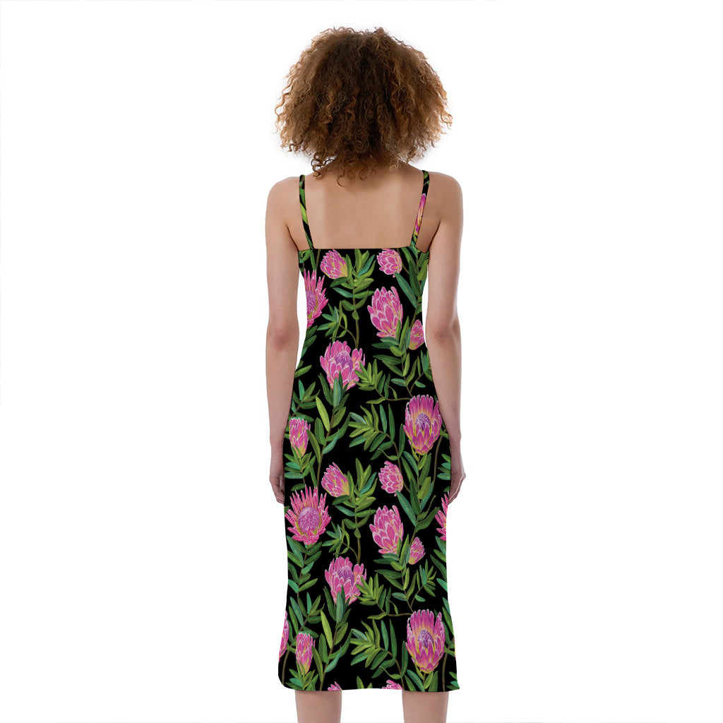 Protea Floral Pattern Print Slim Fit Midi Cami Dress