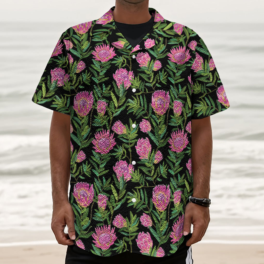 Protea Floral Pattern Print Textured Short Sleeve Shirt