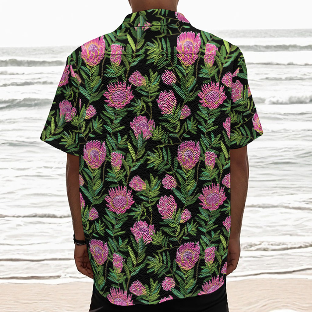 Protea Floral Pattern Print Textured Short Sleeve Shirt