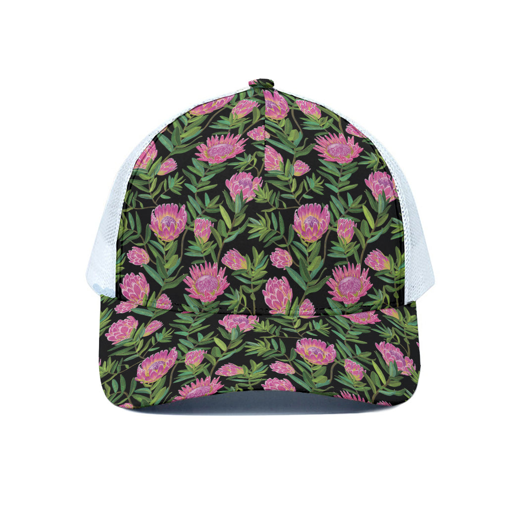 Protea Floral Pattern Print White Mesh Trucker Cap