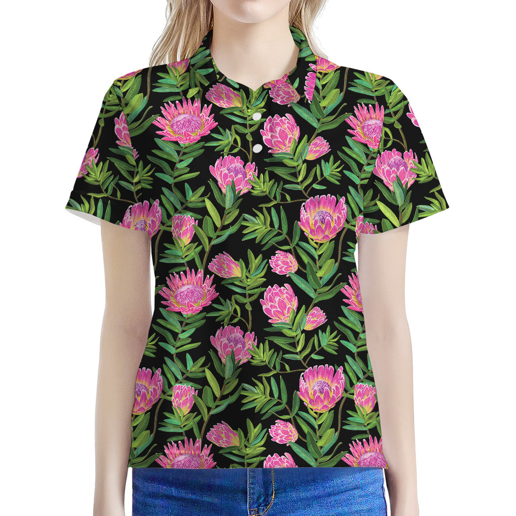 Protea Floral Pattern Print Women's Polo Shirt