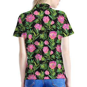 Protea Floral Pattern Print Women's Polo Shirt