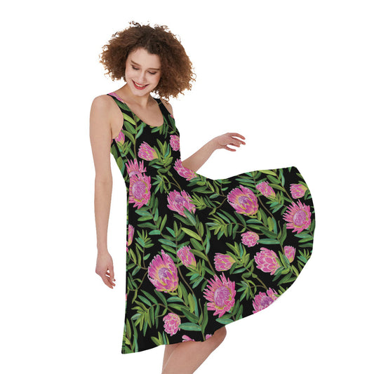 Protea Floral Pattern Print Women's Sleeveless Dress