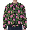 Protea Floral Pattern Print Zip Sleeve Bomber Jacket