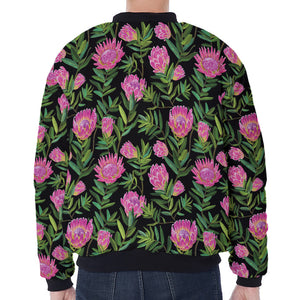 Protea Floral Pattern Print Zip Sleeve Bomber Jacket