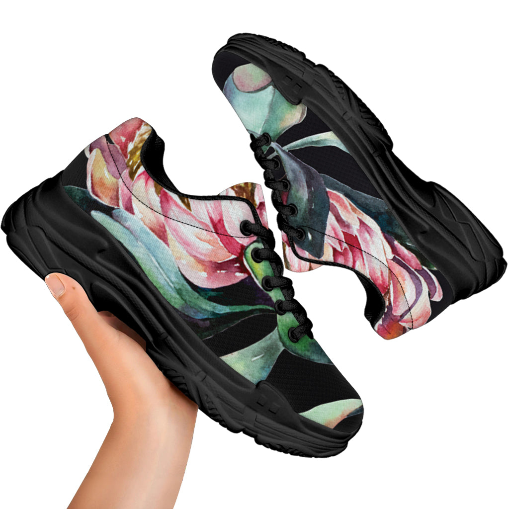 Protea Flower Print Black Chunky Shoes