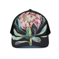 Protea Flower Print Black Mesh Trucker Hat