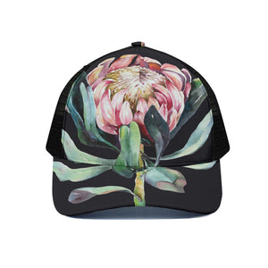 Protea Flower Print Black Mesh Trucker Cap