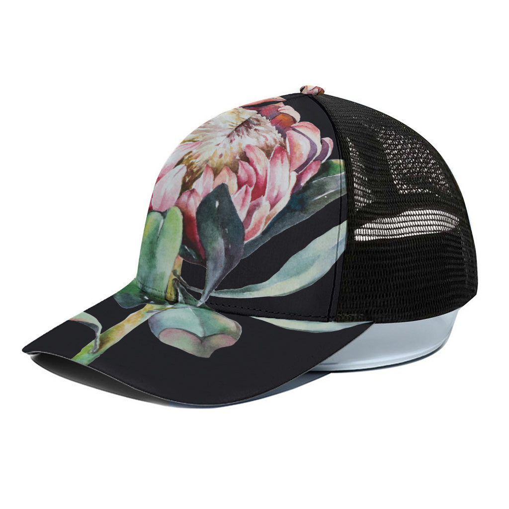 Protea Flower Print Black Mesh Trucker Cap