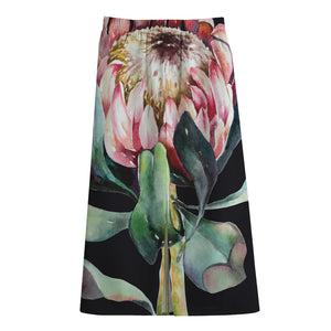 Protea Flower Print Cotton Front Slit Maxi Skirt