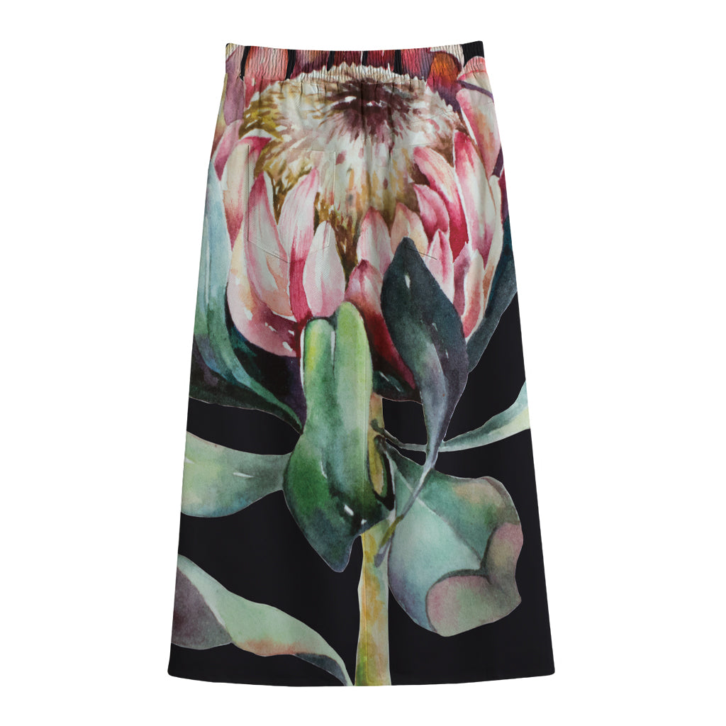 Protea Flower Print Cotton Front Slit Maxi Skirt