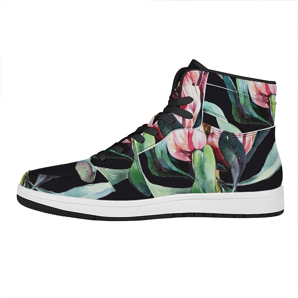 Protea Flower Print High Top Leather Sneakers