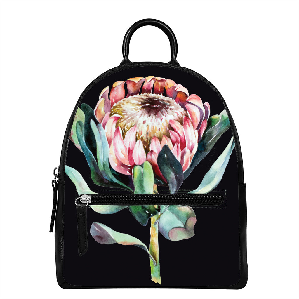 Protea Flower Print Leather Backpack