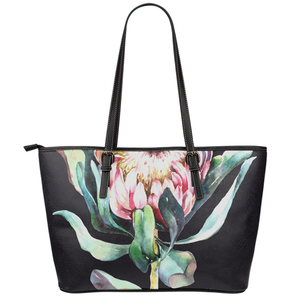 Protea Flower Print Leather Tote Bag