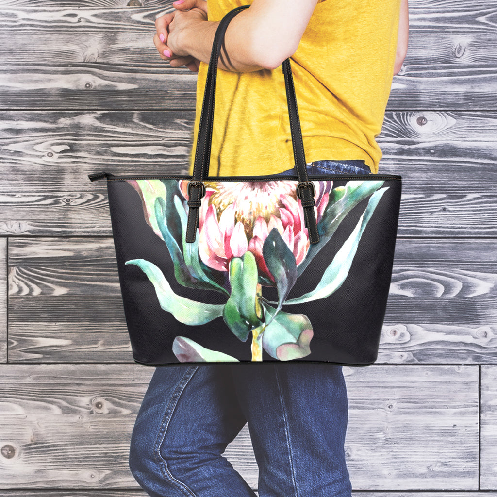 Protea Flower Print Leather Tote Bag