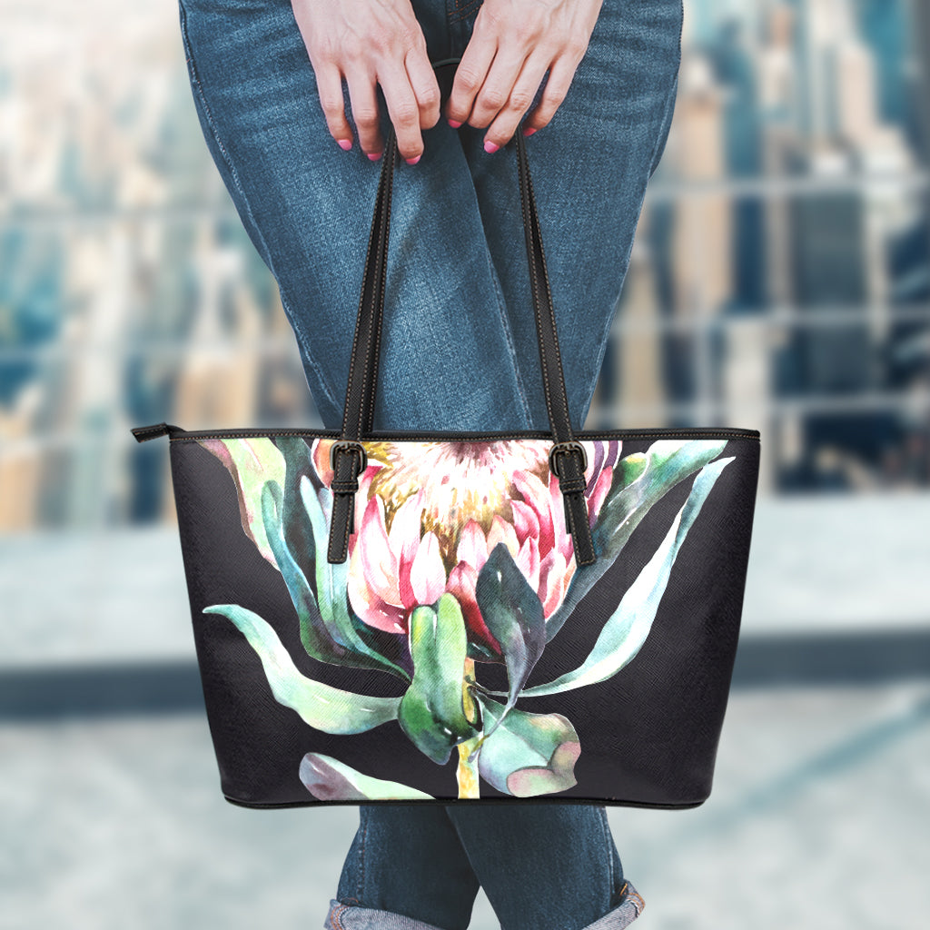 Protea Flower Print Leather Tote Bag