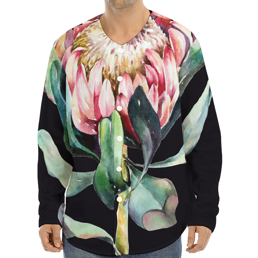 Protea Flower Print Long Sleeve Baseball Jersey