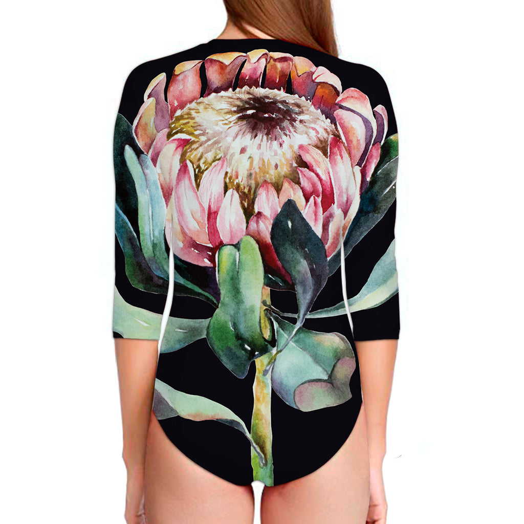 Protea Flower Print Long Sleeve Swimsuit