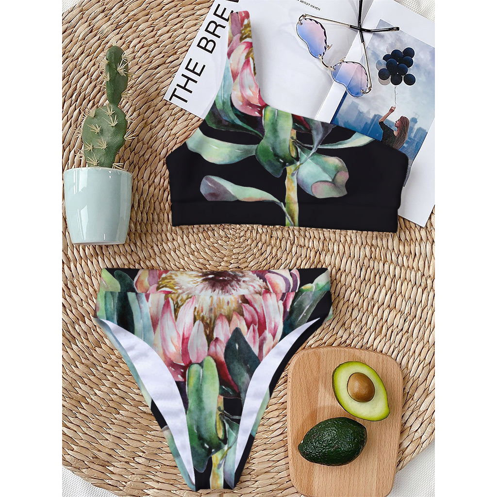 Protea Flower Print One Shoulder Bikini Top