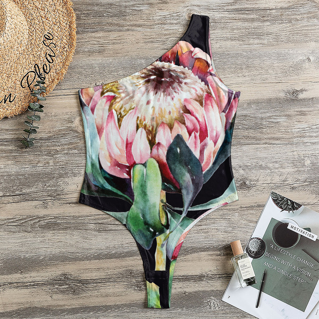 Protea Flower Print One Shoulder Bodysuit