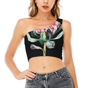 Protea Flower Print One Shoulder Crop Top