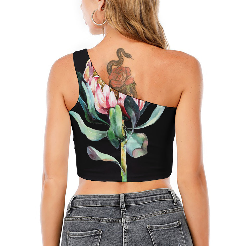 Protea Flower Print One Shoulder Crop Top