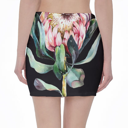 Protea Flower Print Pencil Mini Skirt