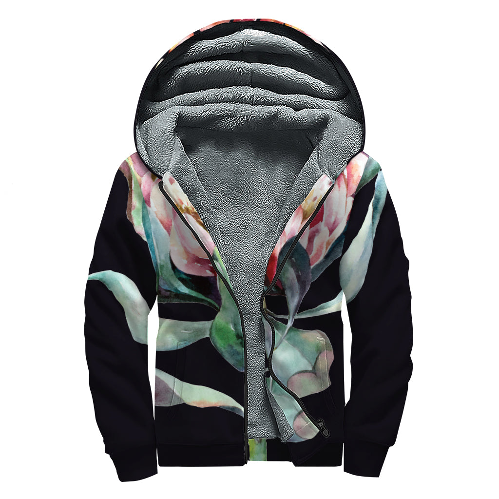 Protea Flower Print Sherpa Lined Zip Up Hoodie